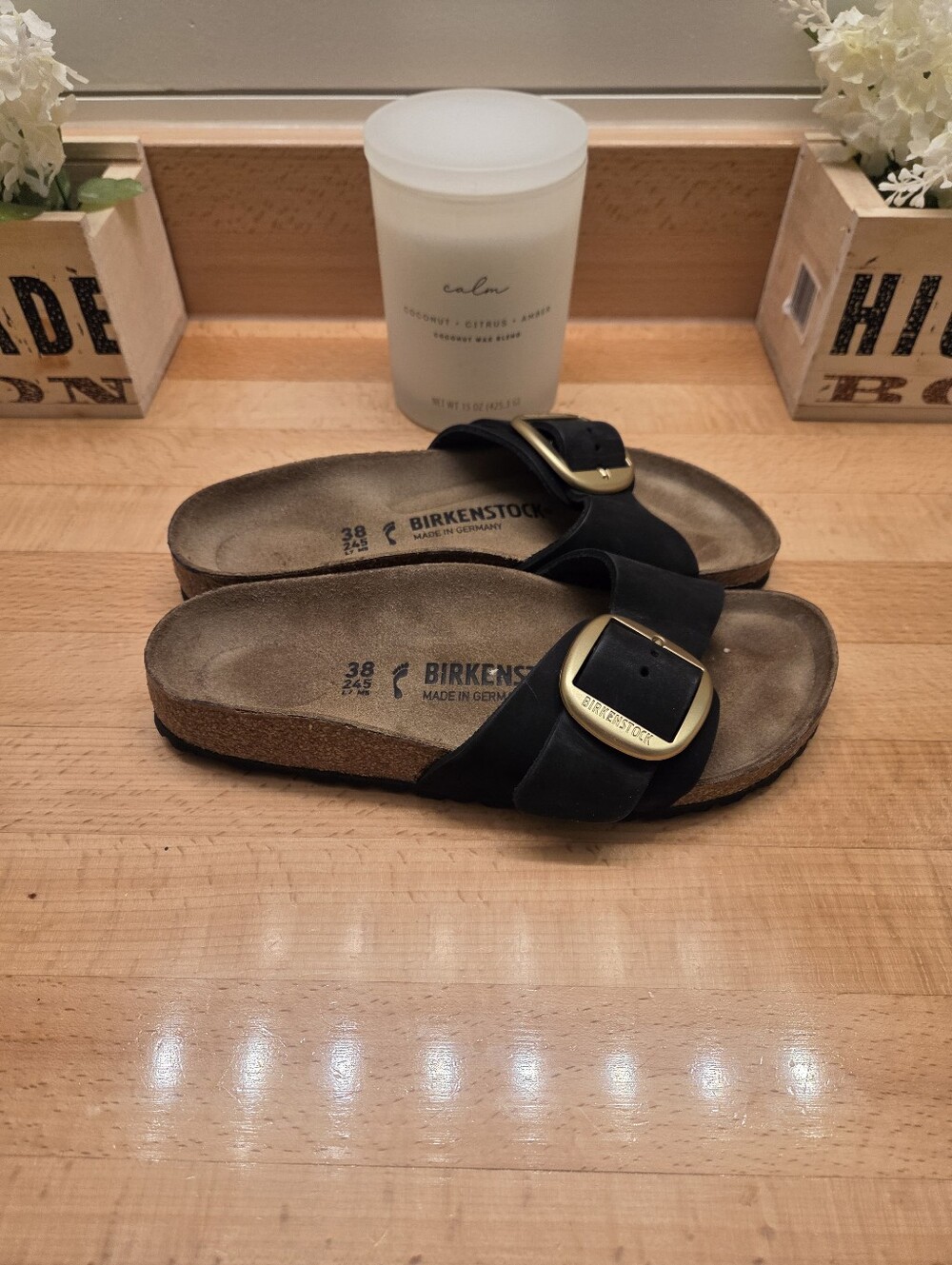 Birkenstock Madrid Big Buckle Sandals Black Nubuck Leather Womens Size EU 38